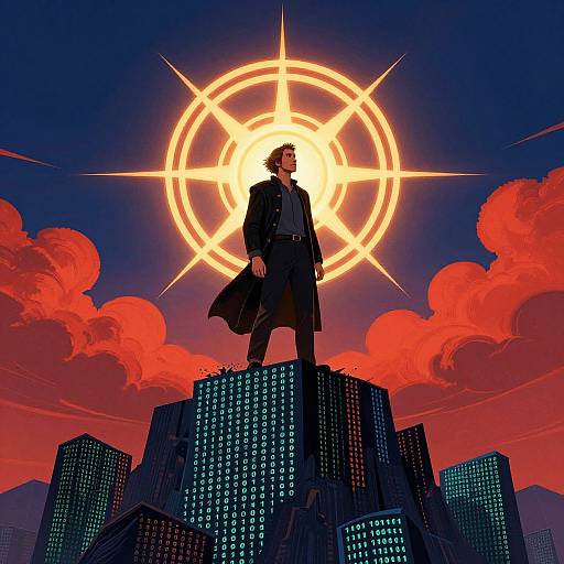 Digital art: Silhouetted man in long coat stands on city skyscrapers, illuminated by glowing sunburst in red-orange sky with dramatic clouds