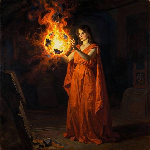 Photograph-like digital art of a dark-haired woman in a flowing orange dress, holding a fiery, glowing orb in a dimly lit room.