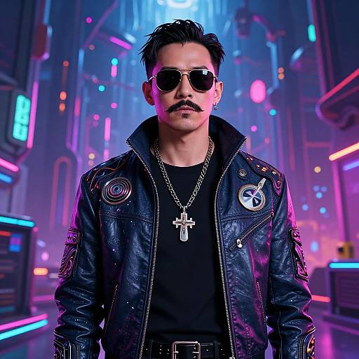 Digital artwork of a stylish Asian man with a mustache, sunglasses, black leather jacket, cross necklace, standing in a neon-lit, futuristic city