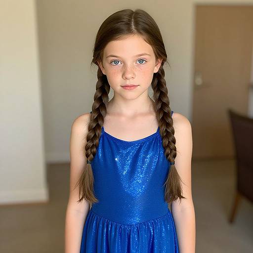 Photograph of a young girl with fair skin and blue eyes, wearing a sparkly blue dress with twin braids, standing in a softly lit,