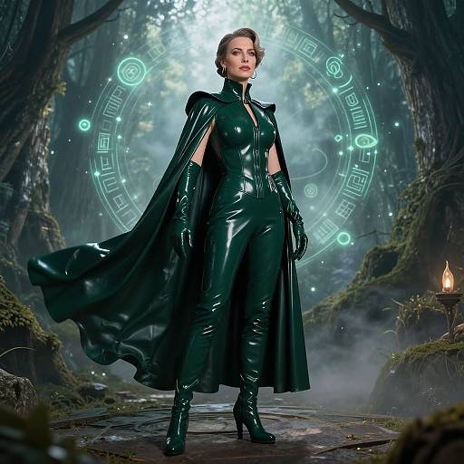 Digital art of a confident woman in a glossy black latex suit and cape, standing in a mystical forest with glowing circular runes.