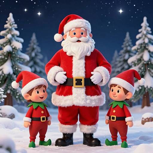 Digital illustration of Santa Claus with two elf-like children in red outfits, standing in a snowy, starry forest at night.