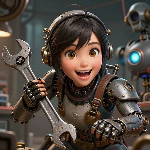 CGI image of a cute, anime-style, young girl with black hair and large eyes, wearing steampunk gear, holding a large wrench,