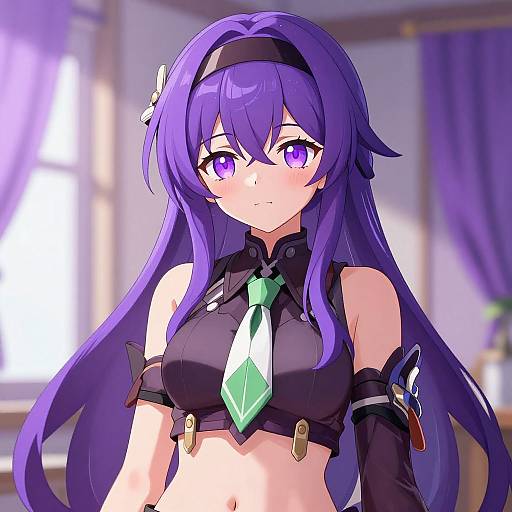 Anime-style digital drawing of a purple-haired woman with large purple eyes, wearing a black crop top with a green gem necktie, and black arm bands