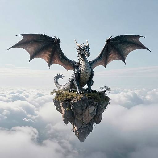 Digital illustration of a majestic, black-scaled dragon with large wings, standing on a rocky island above a sea of clouds.