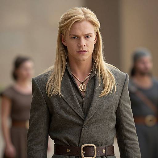 Photograph of a blonde man with long hair, wearing a gray blazer, black shirt, and necklace, with blurred background figures.