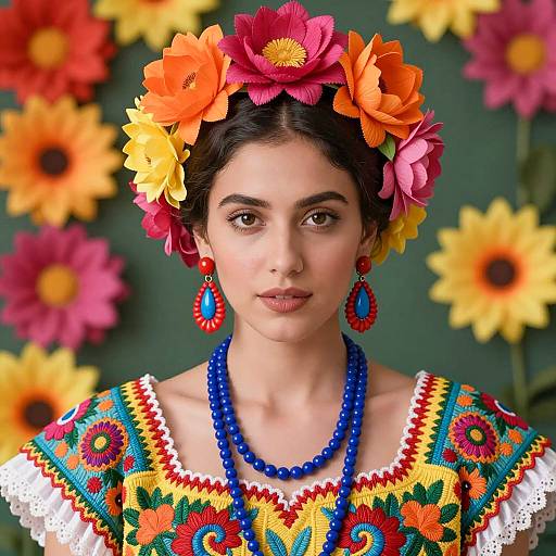 Woman in Traditional Colorful Mexican Dress with Floral Headpiece