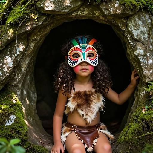 Photograph of a young child with curly hair, wearing a colorful mask, fur loincloth, and mossy cave entrance background.