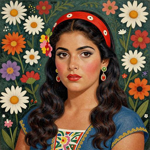 Digital painting of a young South Asian woman with wavy black hair, red headband, blue dress, and floral earrings, surrounded by vibrant dais