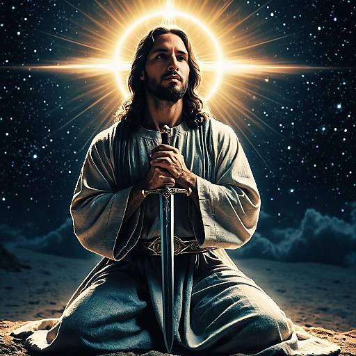 Kneeling Jesus with Sword and Halo