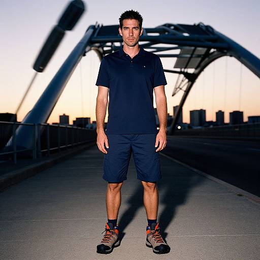 Photograph of a muscular, tan-skinned man in a black polo and shorts, standing on a bridge at sunset, wearing orange and black sneakers.