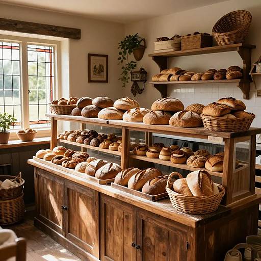 Photograph of a sunlit rustic bakery with wooden shelves, wicker baskets filled with various bread loaves, potted plants, and a large window