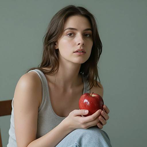 Photograph of a young woman with fair skin and brown hair, wearing a gray tank top, holding a shiny red apple against a plain light blue background