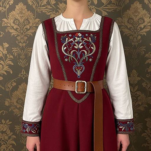 Photograph of a person in a white long-sleeve shirt and maroon medieval-style dress with intricate blue and red embroidery, brown belt, standing