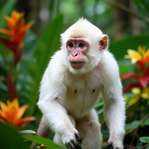 Photograph of a white-faced monkey with white fur and pink face, surrounded by lush green foliage and vibrant orange flowers.
