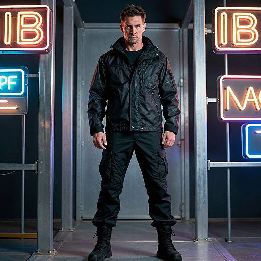 Photograph of a serious-looking man in a black jacket and pants, standing between neon 
