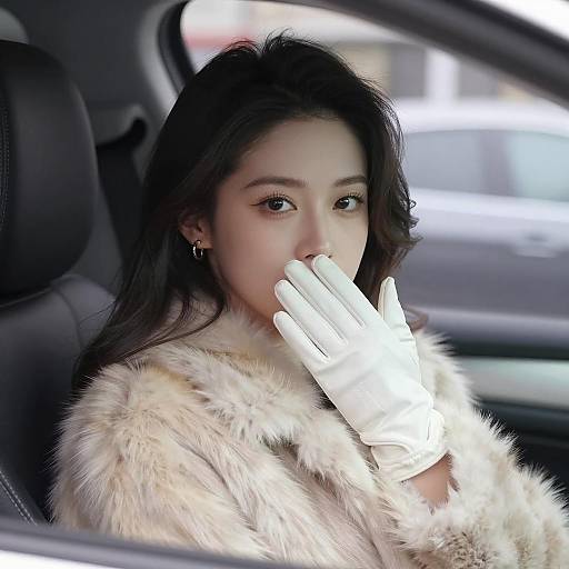 Woman in Fur Coat with White Gloves Sitting in Car