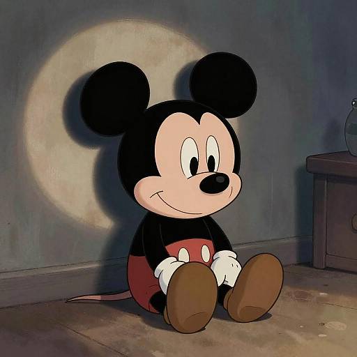 Cartoon image of Mickey Mouse sitting on a dark floor, illuminated by a circular light source, smiling with black ears and red shorts.