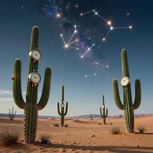 Photograph of a desert night sky with cacti, each adorned with vintage clocks, under a constellation-studded sky. Sandy desert landscape in the
