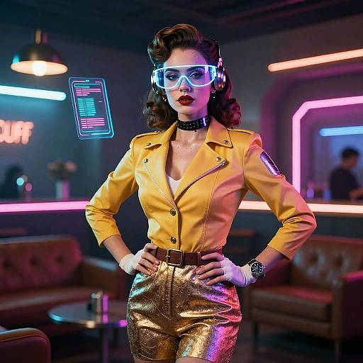 Glamorous woman in neon-lit bar, wearing yellow jacket, metallic gold pants, white gloves, and futuristic goggles, standing confidently. Retro-f