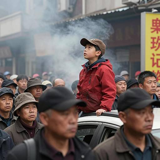 Young Boy Standing on Car in Crowded Urban Street