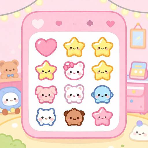 Cute digital cartoon image: pastel-colored grid of adorable star, heart, and bear faces on pink-framed background, with soft toys and furniture