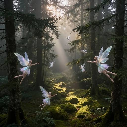Photograph of three ethereal fairy-like women with translucent wings, wearing white tutus, flying in a misty, sunlit forest with moss-covered
