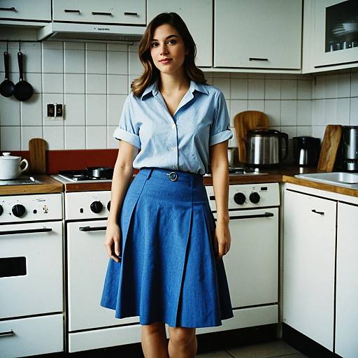 Woman in Blue Skirt Kitchen Scene