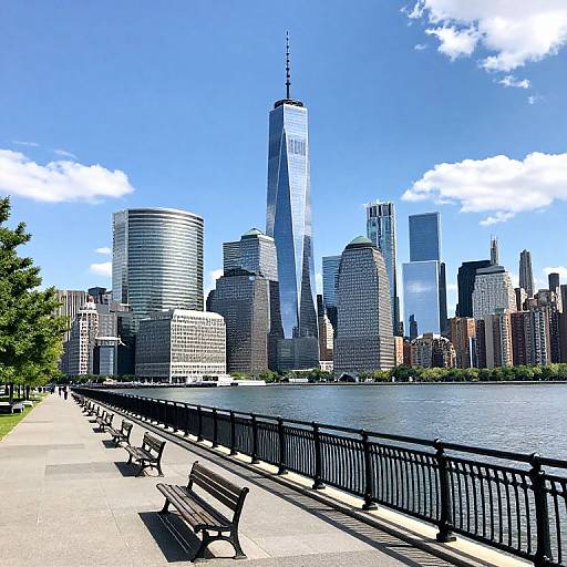 Photograph of New York City skyline with One World Trade Center, sunny blue sky, riverfront path with benches, and black railings.