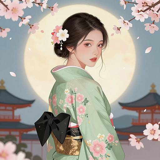 Asian Woman in Floral Kimono with Cherry Blossoms