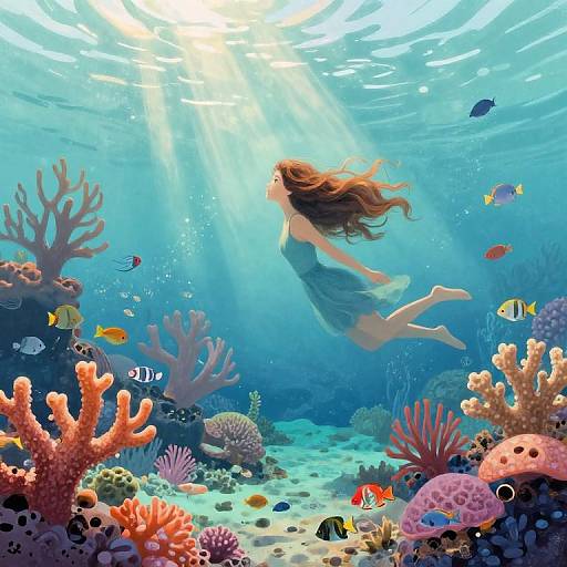 Digital illustration: A woman with flowing brown hair in a blue dress swims underwater, surrounded by colorful coral, fish, and sunlight filtering through the clear blue