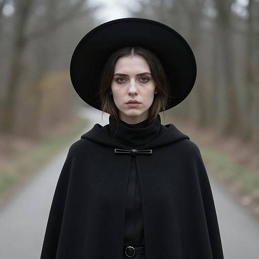 Serious Young Woman in Cloak and Hat