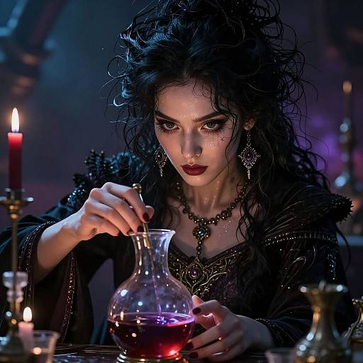 Gothic woman with wild black hair, dark makeup, and red lipstick, pours red liquid from a glass bottle, lit by candlelight.