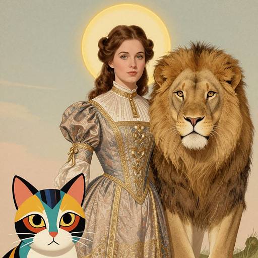 Digital illustration of a fair-skinned woman in Renaissance-style dress with puffed sleeves, standing beside a majestic lion, with a colorful cat's face at