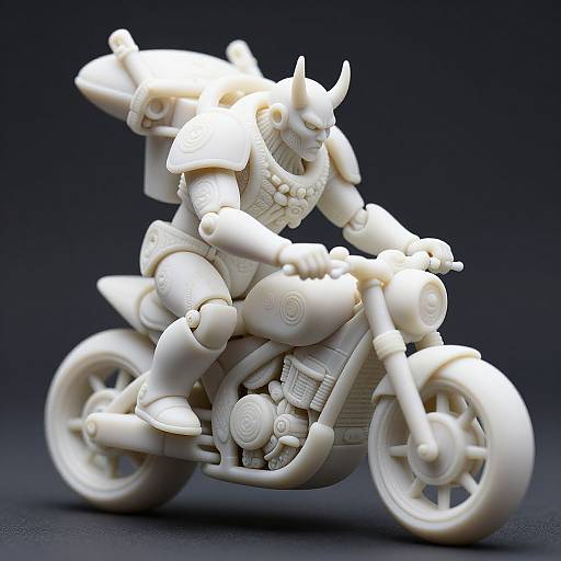 White LEGO minifigure with samurai helmet riding a detailed motorcycle, dynamic pose, dark background, highly stylized, intricate design.