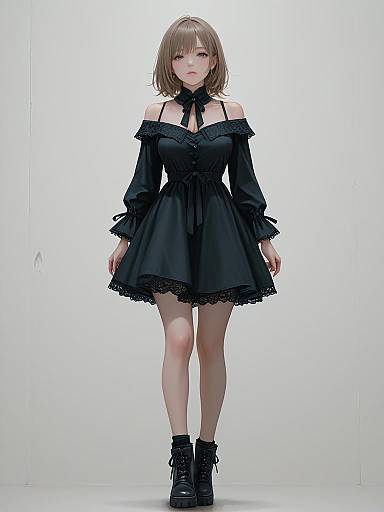 Woman in Black Bohemian Mini Dress and Ankle Boots