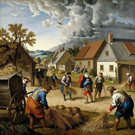 Photograph-style painting of 17th-century rural village scene with villagers carrying bundles of straw, dark cloudy sky, wooden houses, and carts.