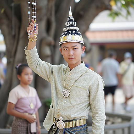 Photograph of a young Thai male in traditional attire, holding a string of beads, with a tree and blurred background.