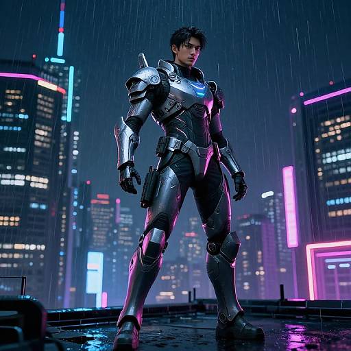 CGI image of a muscular man in futuristic, silver armor standing in a neon-lit, rainy cityscape at night. Tall skyscrapers with