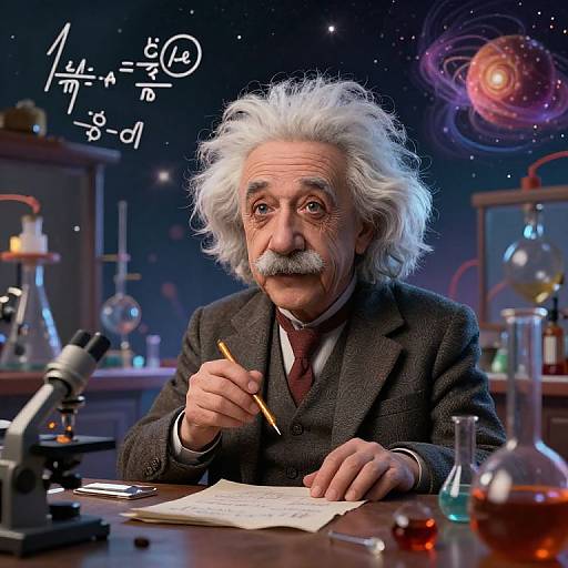 Photorealistic digital art of an elderly man with white hair and mustache, writing in a laboratory with scientific equipment and a galaxy backdrop. He wears