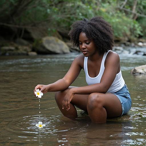 Photograph of a young Black woman with natural curly hair, wearing a white tank top and denim shorts, squatting in a shallow forest stream, gently