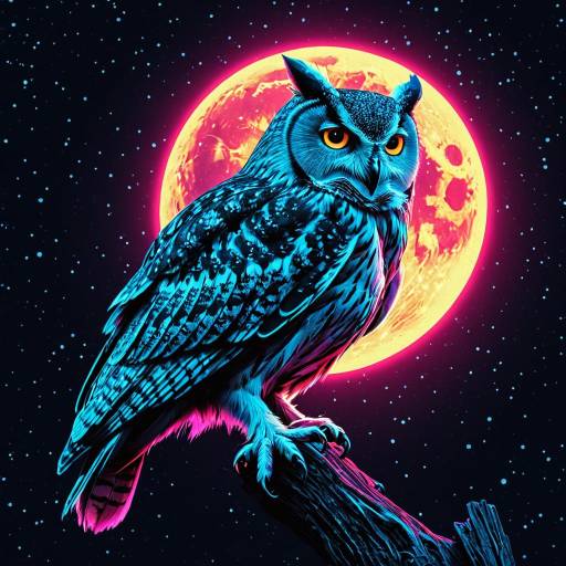 Surreal Owl and Crescent Moon in Neon