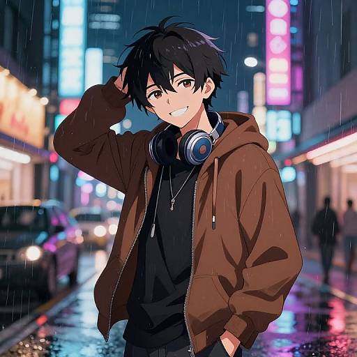 Mischievous Anime Boy in Neon City