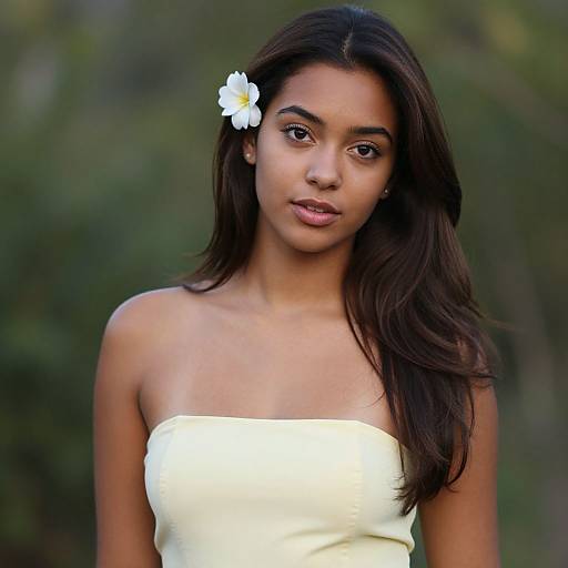 Photograph of a young woman with dark brown skin and long black hair, wearing a white strapless top, adorned with a white flower in her hair