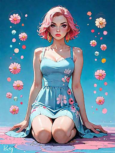 Stylized Woman in Blue Floral Dress