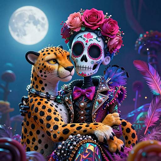 Digital art of a cheetah in a leather jacket embracing a sugar skull adorned with roses and feathers under a full moon. Vibrant, colorful,