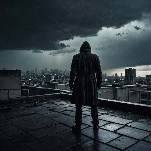 Lone Assassin on Stormy Urban Rooftop