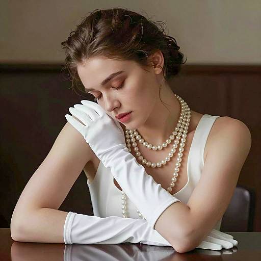 Elegant Woman in White Gloves and Pearl Necklaces