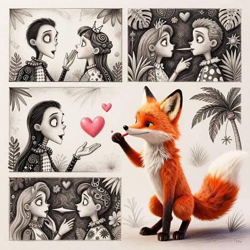 Whimsical black-and-white comic-style illustration of a couple kissing, hearts, and a red fox receiving a heart-shaped object. Digital art, vibrant