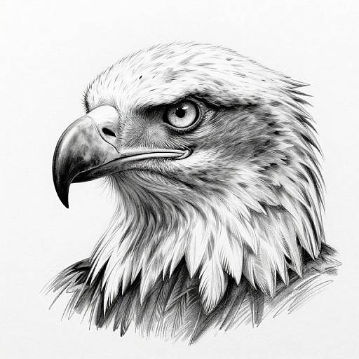 Black-and-white ink drawing of a fierce eagle's head, detailed with sharp feathers, intense eye, and curved beak, against a white background.